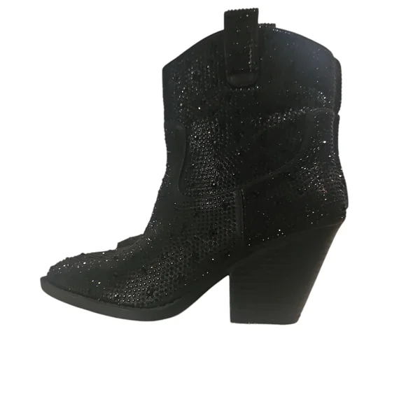 FOREVER RiverWomen Rhimestone Block Chunky Heel Black Glitter Ankle Boots Size 7 - Picture 4 of 13